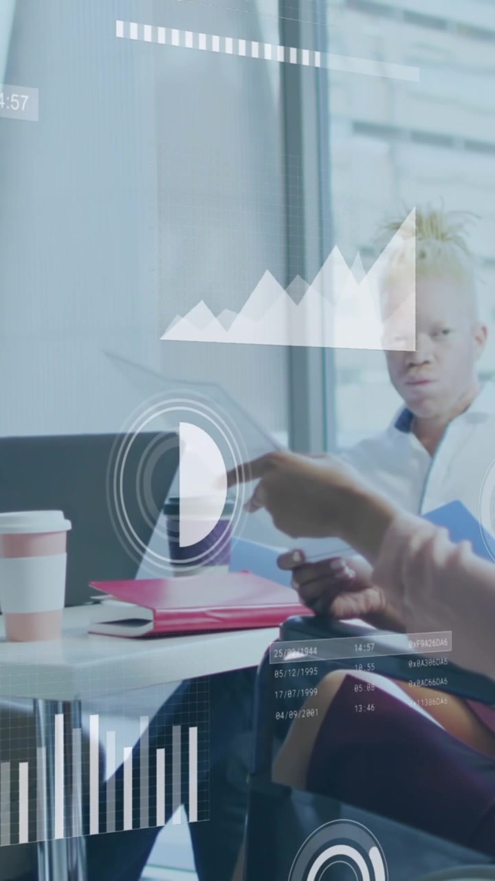 Animation of data processing over disabled african american woman with diverse business people