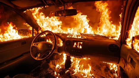 a car is engulfed by flames in the middle of the night