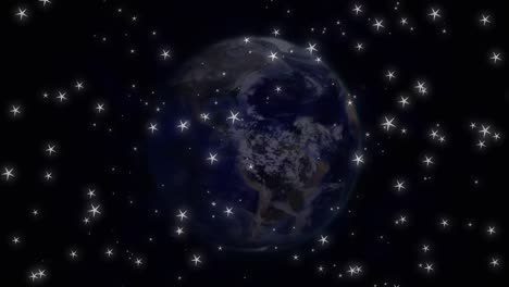 Digital-Generiertes-Video-Von-Leuchtenden-Sternen-Und-Einem-Sich-Drehenden-Globus-Vor-Schwarzem-Hintergrund
