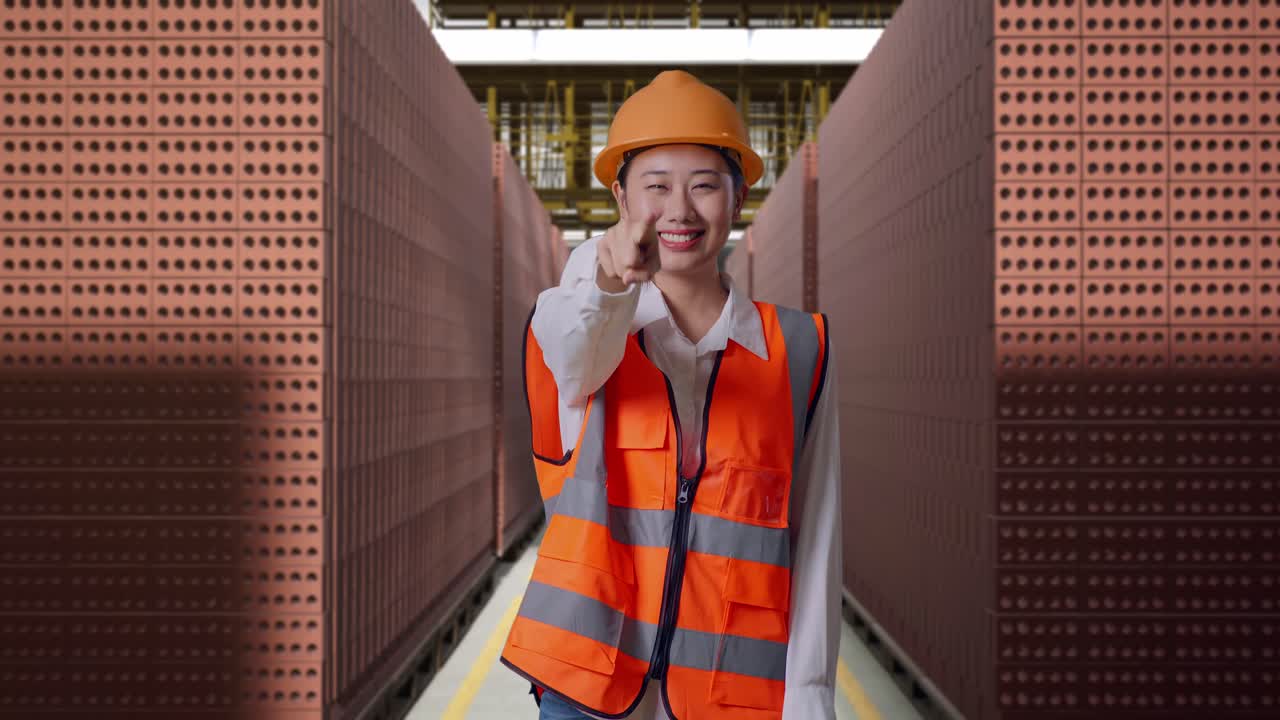 Asian Female Engineer With Safety Helmet Smiling And Touching Her Chest Then Pointing At You While Standing With Red Brick Packed in Stacks Are Stored