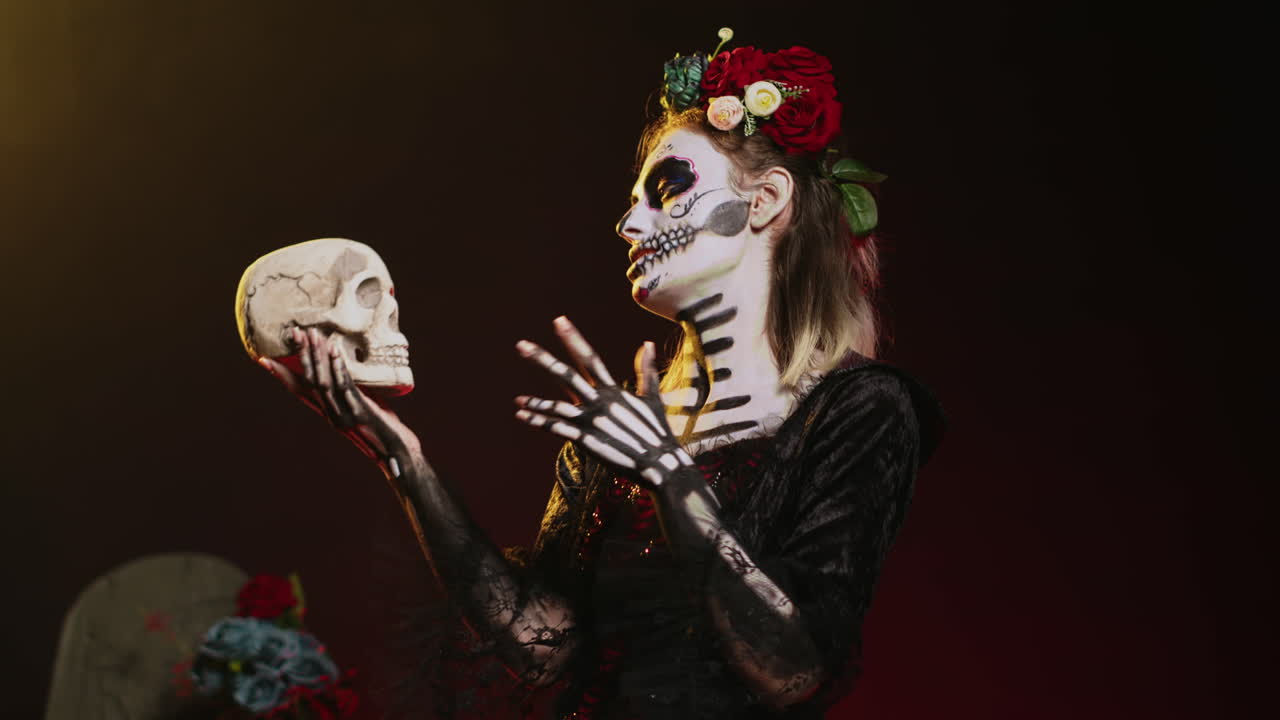 Kvinne med Day of the Dead-sminke og hodeskalle