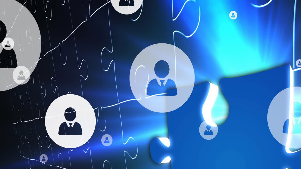 animación de iconos de usuario flotando sobre rompecabezas azules