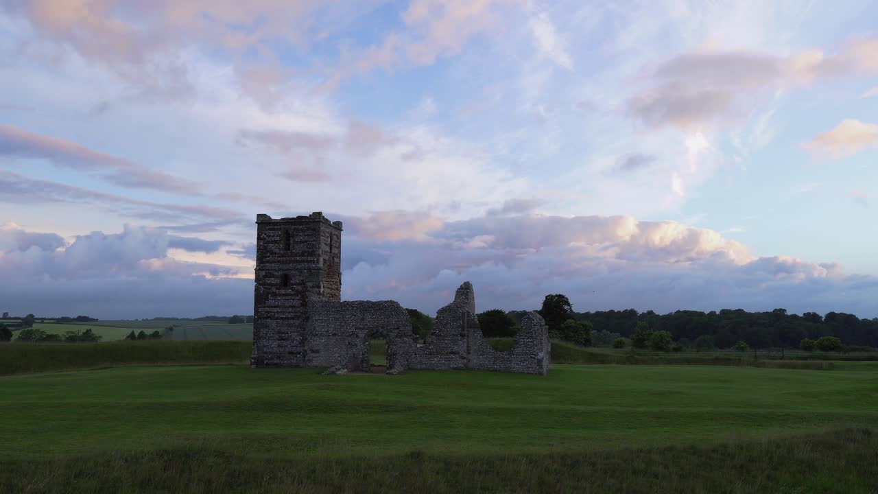 knowlton 교회, dorset, 영국입니다. 느린 팬, 아침 빛