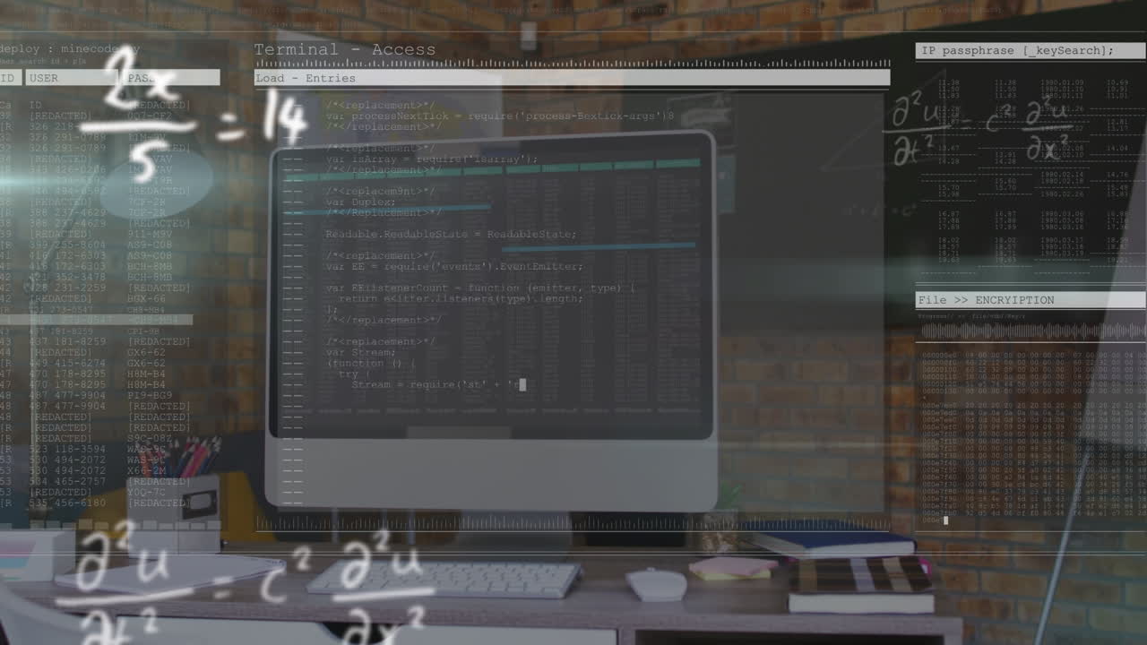 Animation of math formulas over computer screen with copy space on office desk