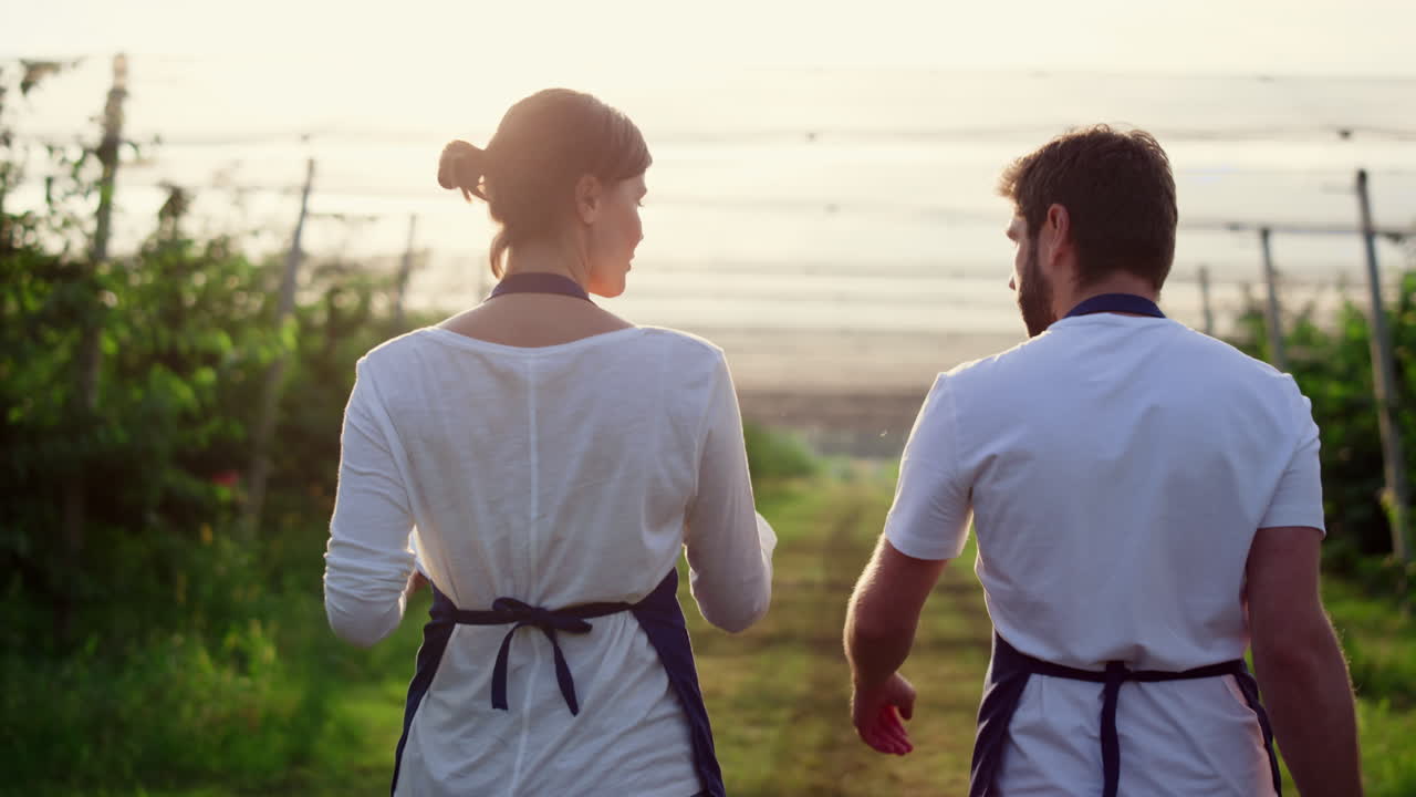 커플 농부들은 여름 정원 플랜테이션 하우스에서 재배를 분석합니다.