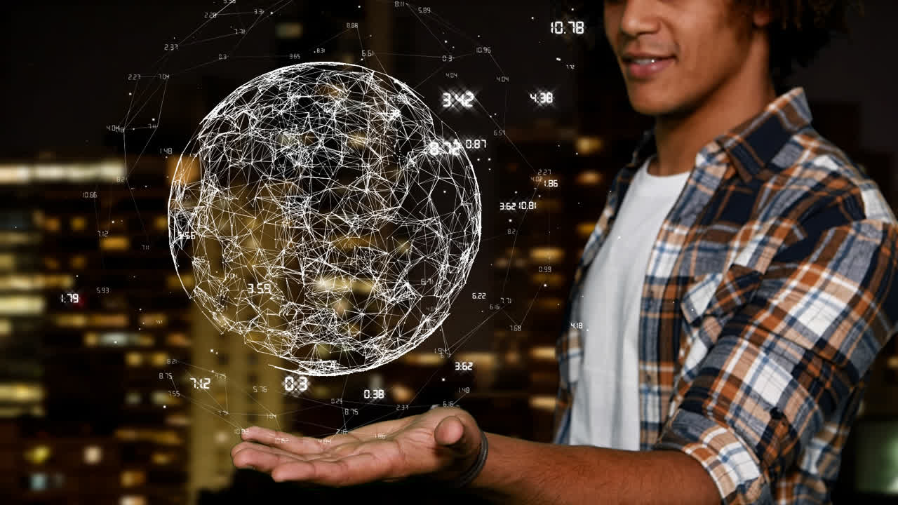 hombre toca el globo digital giratorio