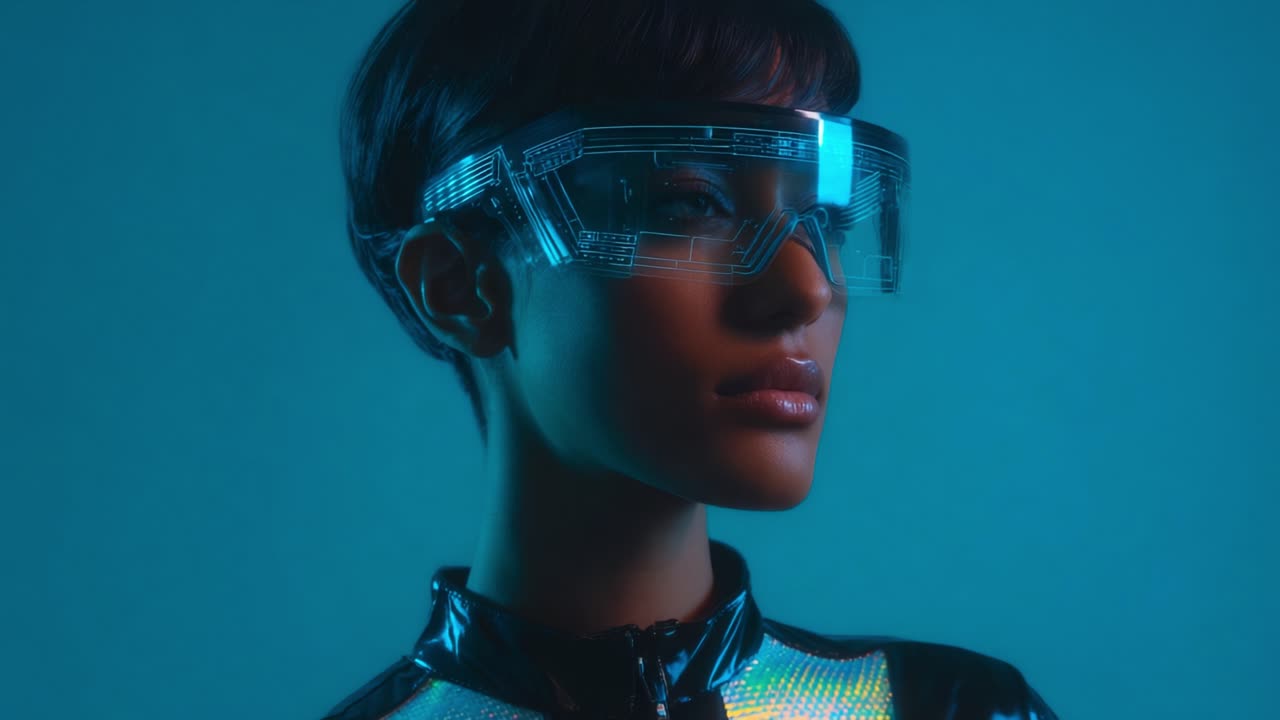 Futuristic Avenger: an Anthology of Cybernetic Glamour Captured in Two Striking Frames, Showcasing the Unique Style of an Individual Drenched in Neon Light and Technological Elegance