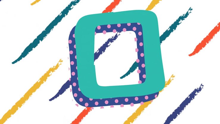 Animation of blue frame with pink dots over colourful lines on white background