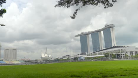 singapore tilt shot marina bay sky park waterfront the float helix bridge artscience museum