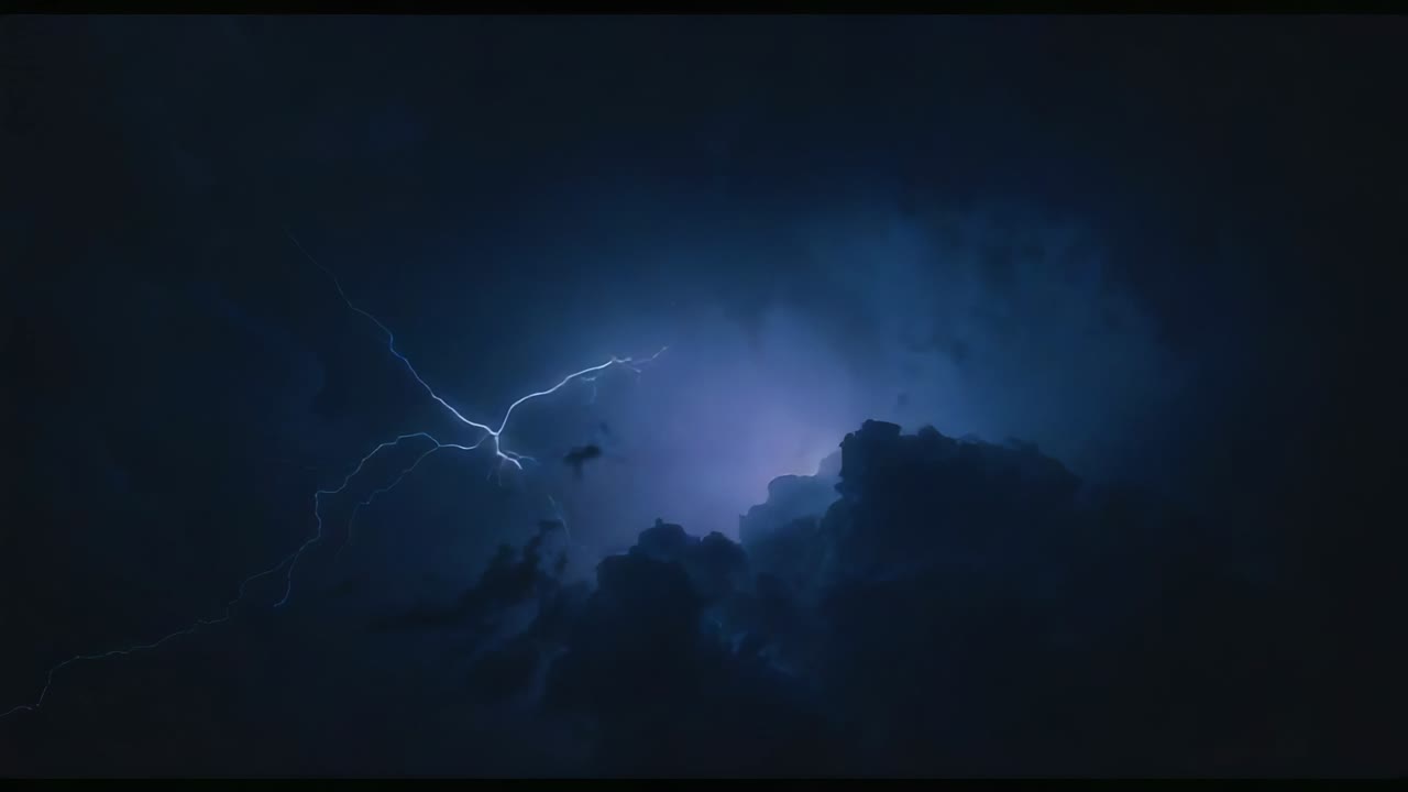 Dim blue glow pulsing behind cumulonimbus mass in night sky, lightning bolt forking across clouds