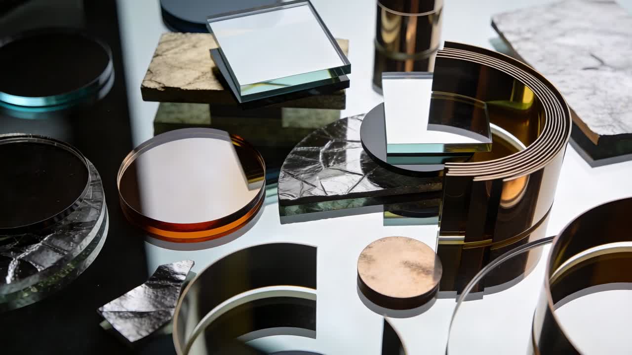 Skyggebånd fejer til højre, lysskiftende refleksioner på glasplader og messingringe til design