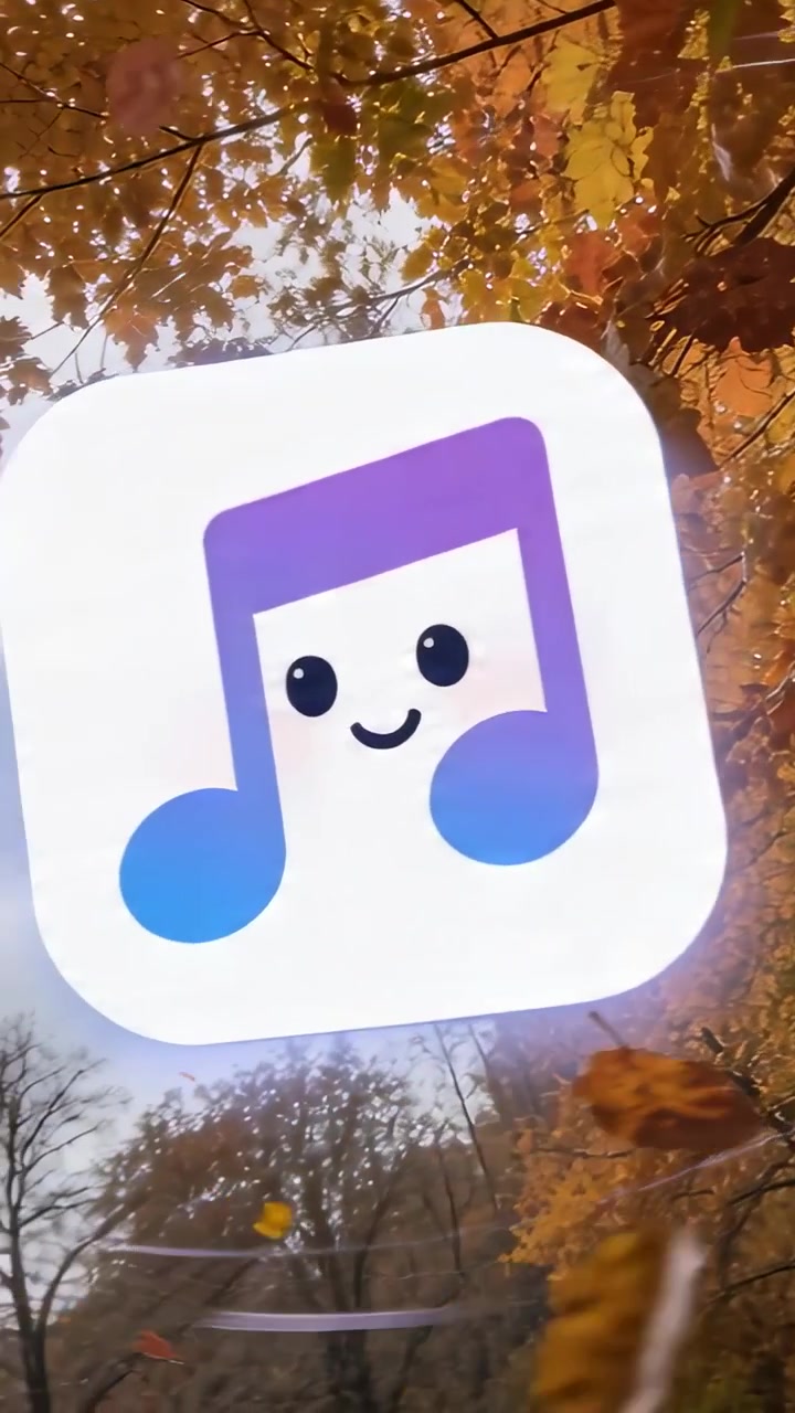 Video verticale: Adesivo a forma di nota sorridente che appare e si sposta al centro della strada, con foglie che cadono a ritmo di musica.