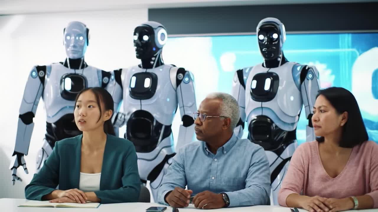A Diverse Group Engages in a Meeting with Advanced Robotics in the Background, Highlighting the Future of Human-Robot Collaboration and Innovation