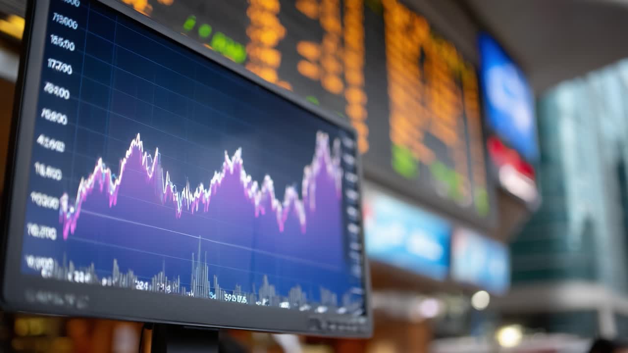 Analisi dinamica del mercato azionario: osservazione dei trend dei dati in tempo reale su un display elettronico con indicatori finanziari e grafici per le decisioni di investimento