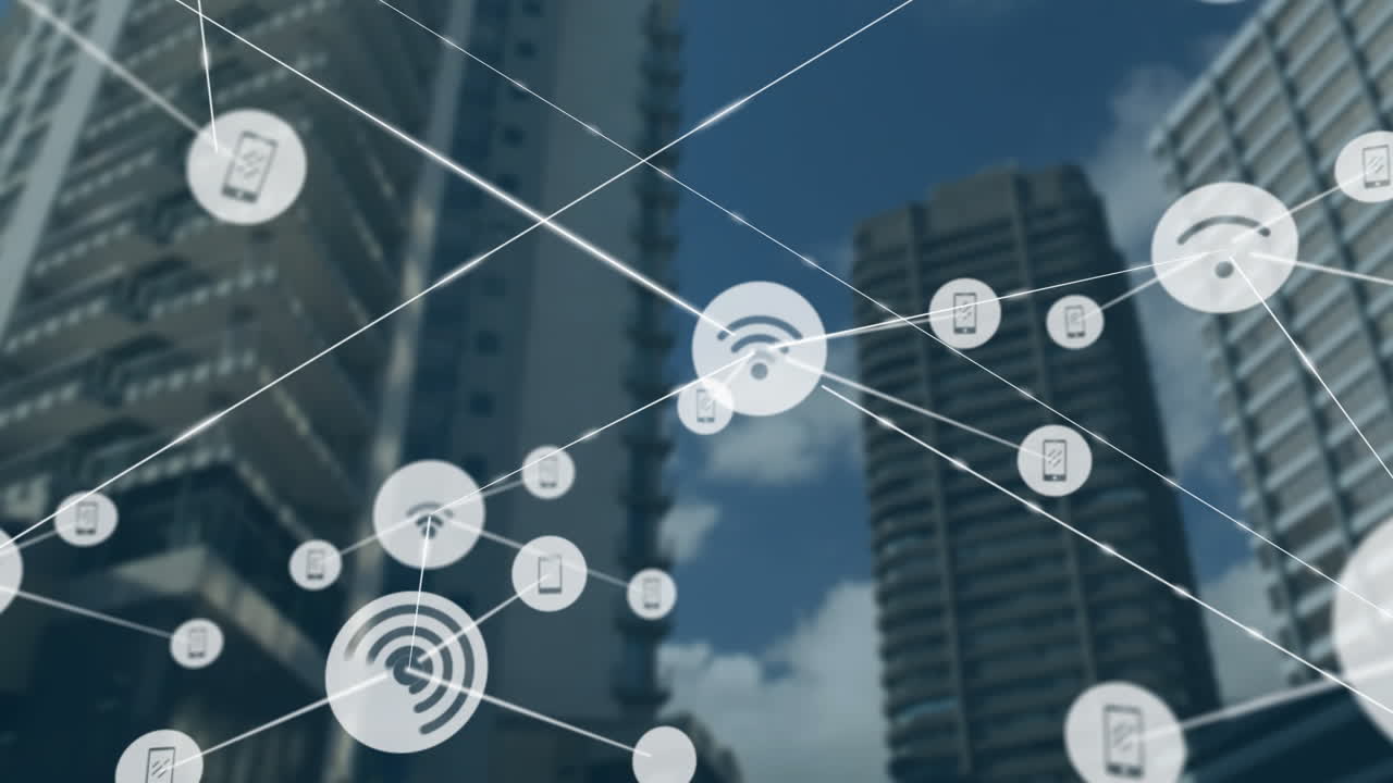 Network of connected devices and Wi-Fi signals animation over city buildings