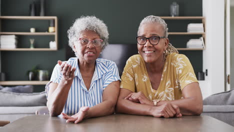 Happy-senior-african-american-female-friends-having-video-call,-talking-at-home,-slow-motion