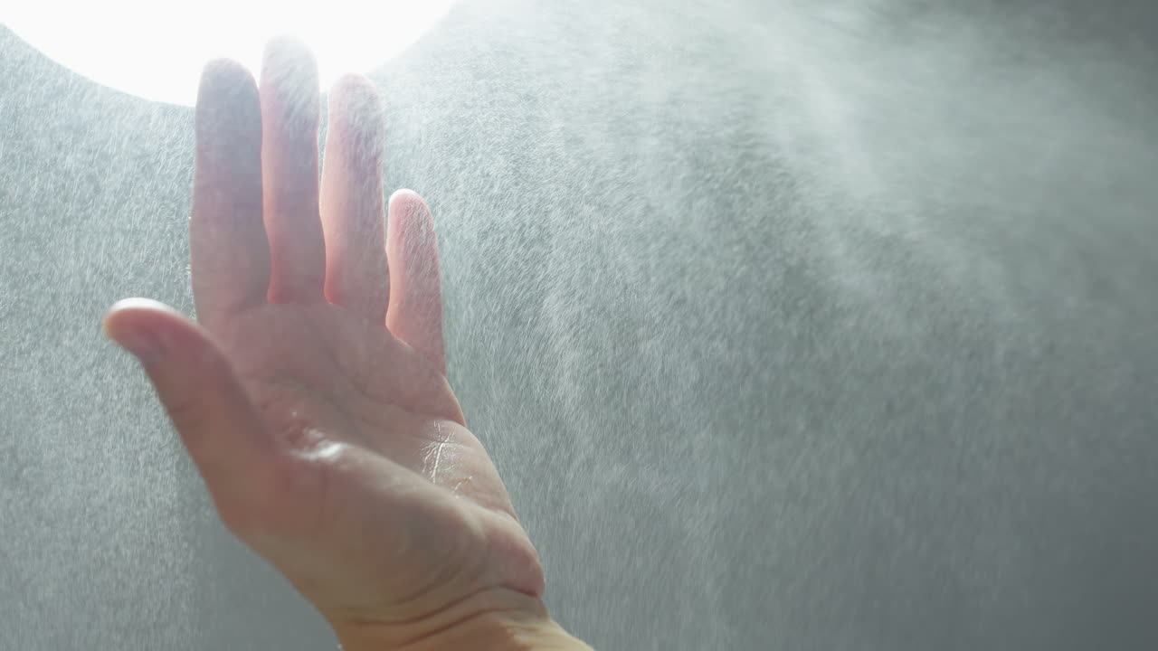 Skin care expert sprays mist onto hands under bright clinical light, creating fine droplets that catch glow for hygienic preparation before facial treatment in serene spa setting