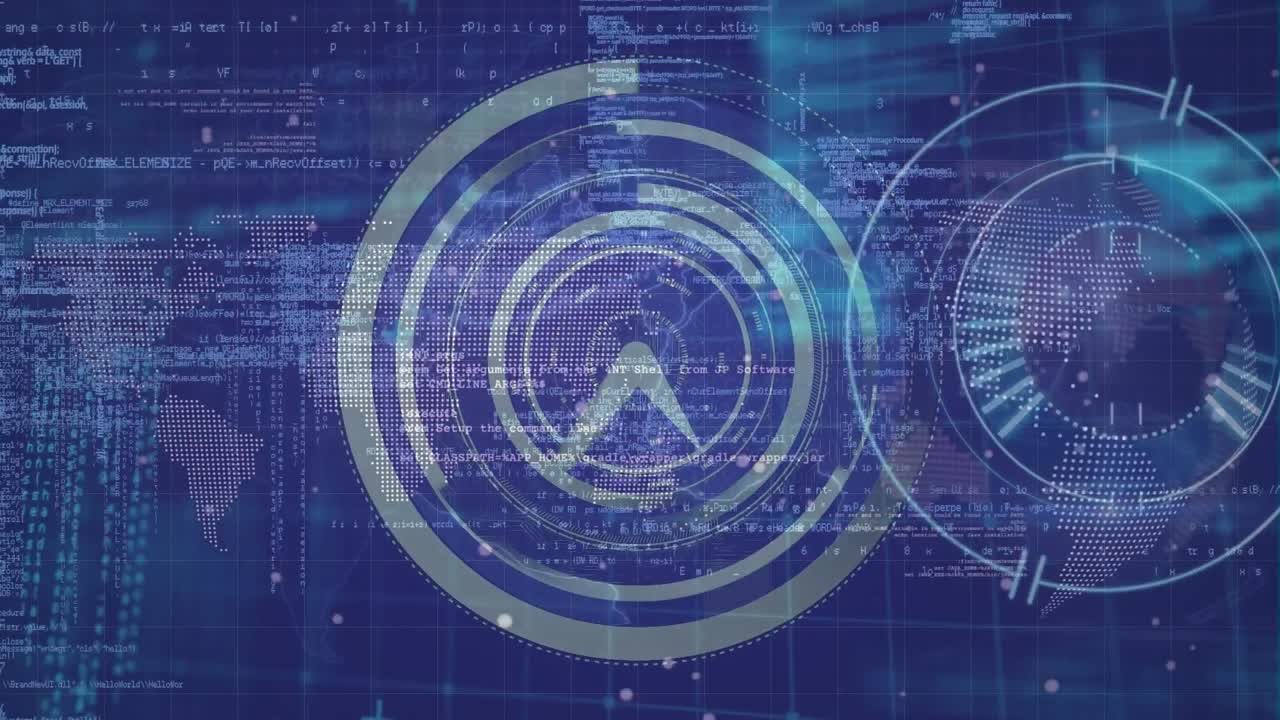 animación de reloj en movimiento y escaneo de alcance sobre procesamiento de datos en fondo azul