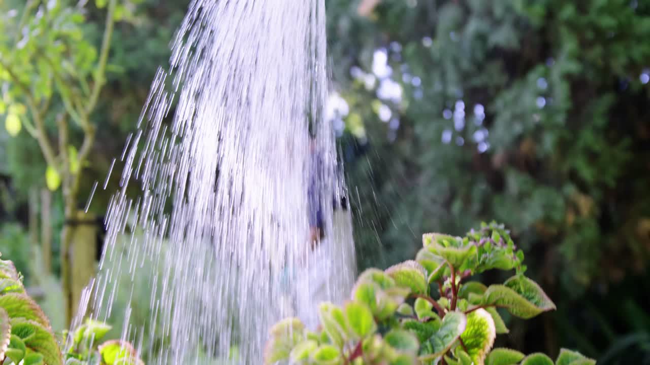 Senior man watering plants with watering can in garden