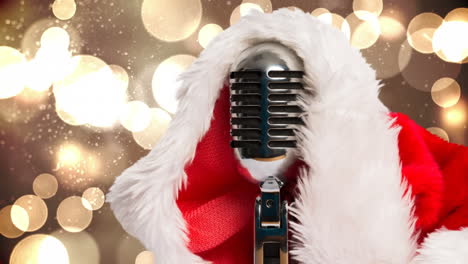 animation of rerto microphone with santa hat over shining bokeh