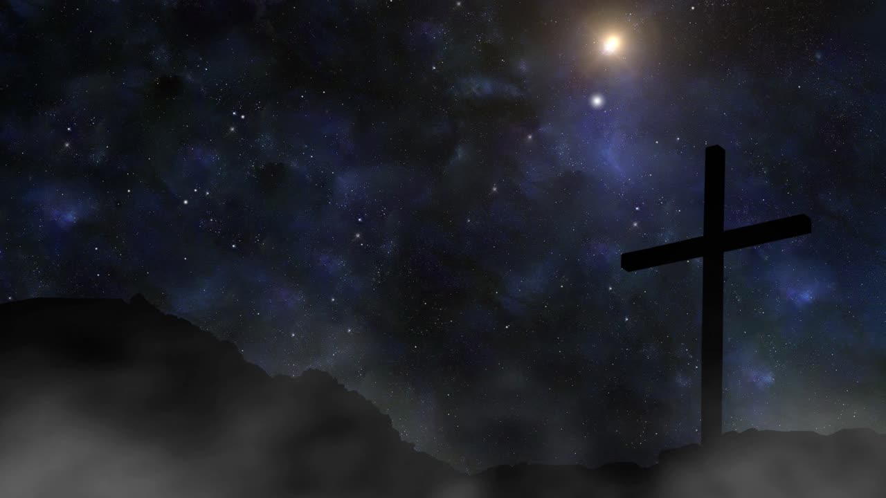 빛나는 밤 하늘의 배경에 십자가 실루