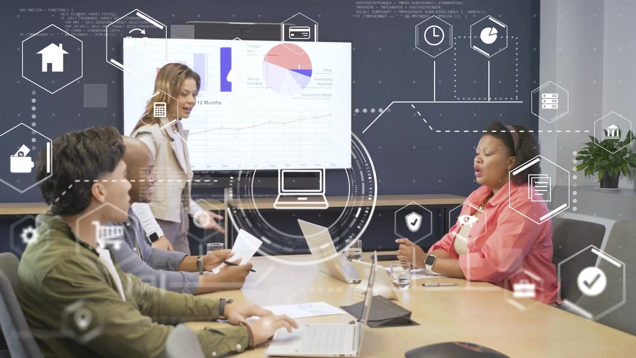 Presenter pointing to charts helping at laptop sparking biz review with hex overlays showing growth