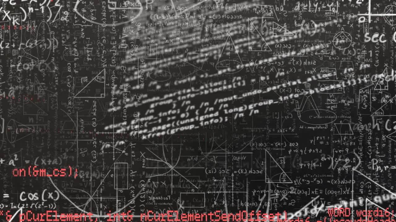 검은 바탕에 수학적 방정식에 대한 데이터 처리의 디지털 애니메이션