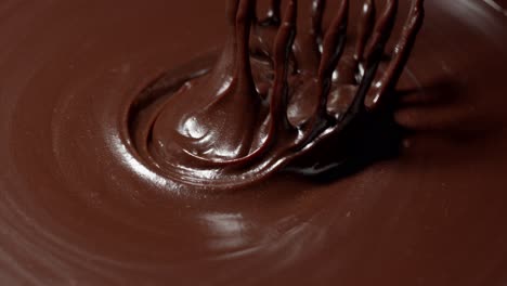 close up of melted chocolate being stirred and poured