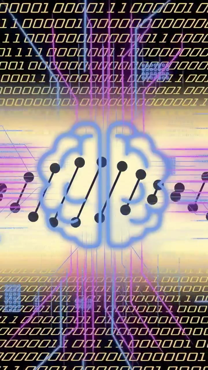 Vertical video: Pulse rising and glow bursting brain and linked nodes shifting showing binary flow