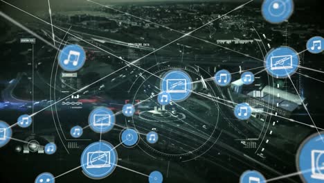 animation of network of connections with icons over cityscape