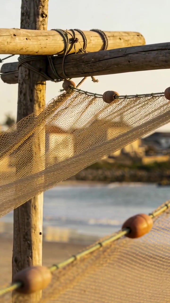 Video verticale: Rete da pesca che si gonfia, corde, galleggianti e un palo usurato sulla spiaggia, spinta da una leggera brezza