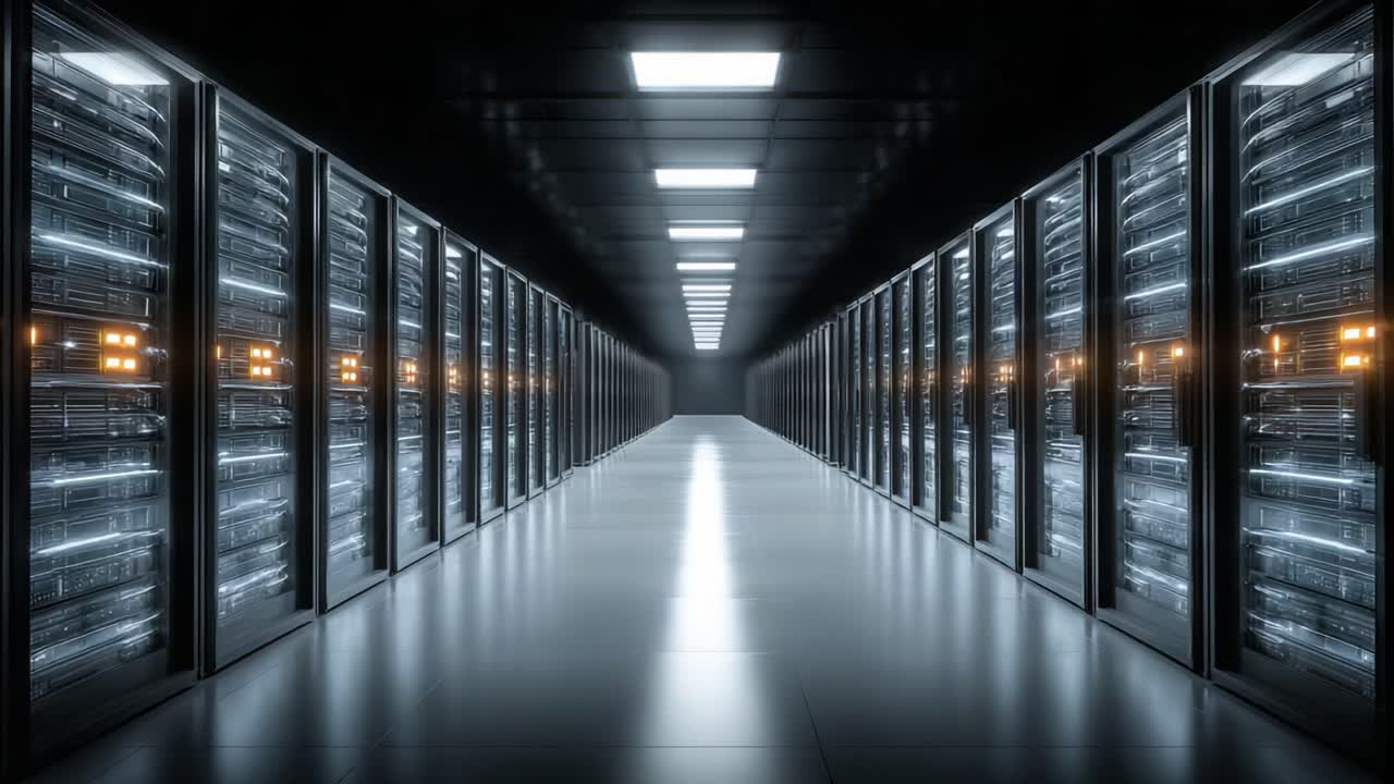 Et imponerende syn af moderne dataservere: Undersøgelse af den banebrydende teknologi i et højeffektivt datacenter med et elegant, futuristisk udtryk