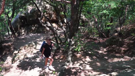 Seitenansicht-Einer-Wanderin,-Die-An-Einem-Sonnigen-Tag-Den-Bergpfad-Im-Gwanaksan-Gebirge-In-Südkorea-Hinaufgeht,-Wobei-Das-Sonnenlicht-Durch-Die-Bäume-Scheint---Aufnahme-Aus-Dem-Oberen-Winkel