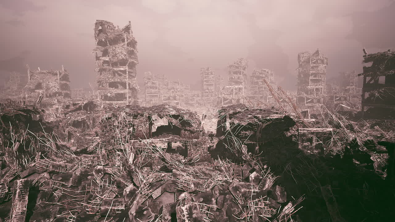 Un paesaggio urbano in rovina rivela la devastazione dopo un disastro naturale.