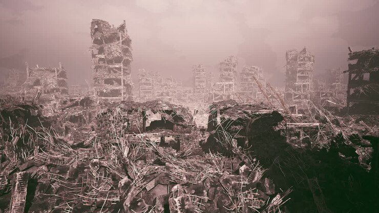 Un paesaggio urbano in rovina rivela la devastazione dopo un disastro naturale.