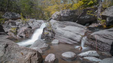 cascading waterfall in a rocky forest setting, sunlit with autumn leaves