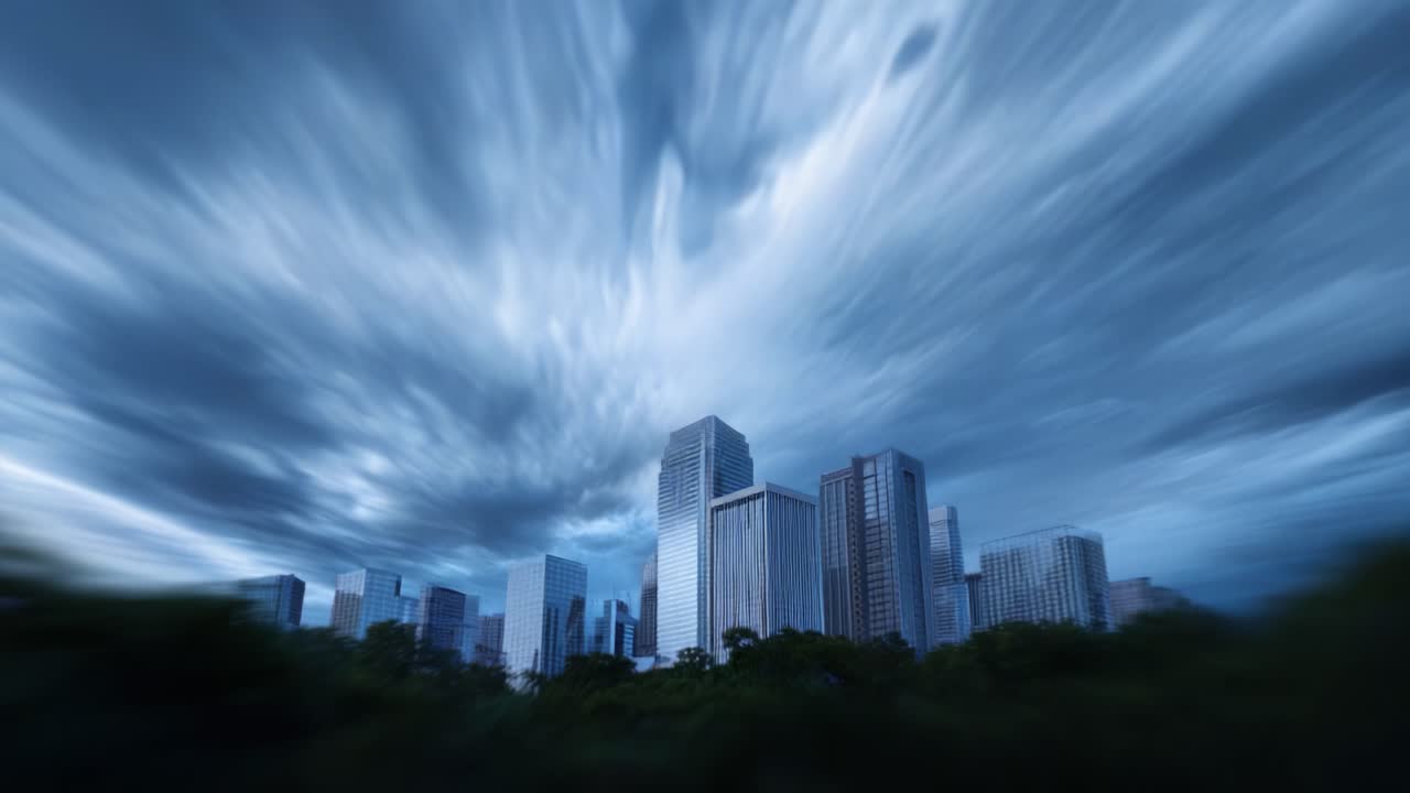A Dynamic Cityscape Under Dramatic Clouds: A Stunning View of Skyscrapers Against a Brooding Sky, Capturing the Essence of Urban Life and Nature's Power