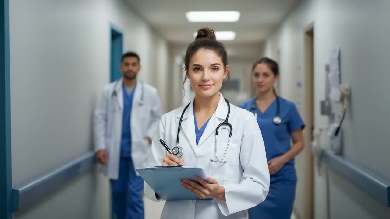 Starting closeup of female doctor writing patient notes on clipboard in corridor with colleagues
