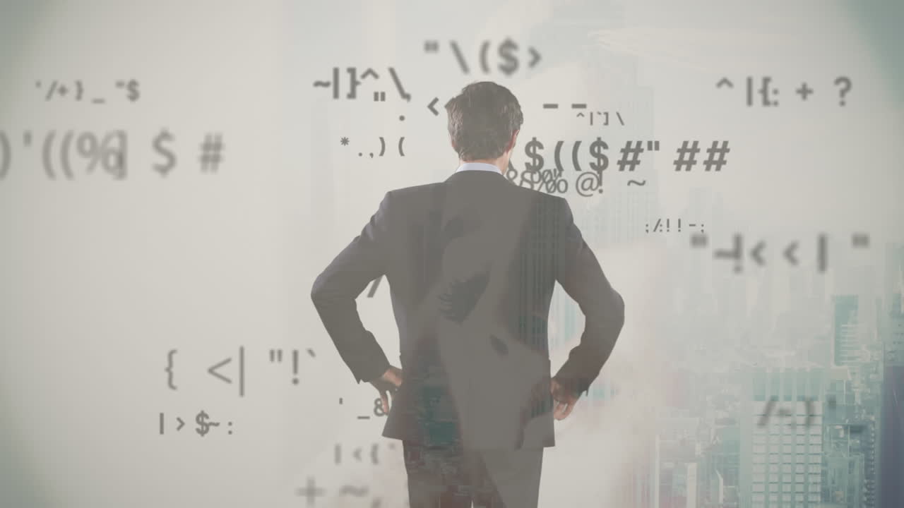 데이터 프로세싱의 애니메이션과 도시 풍경에 대한 사업가