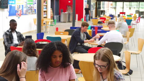 female students working in communal area of busy college campus