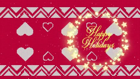 animation of christmas greetings in fairy lights frame over red christmas pattern background