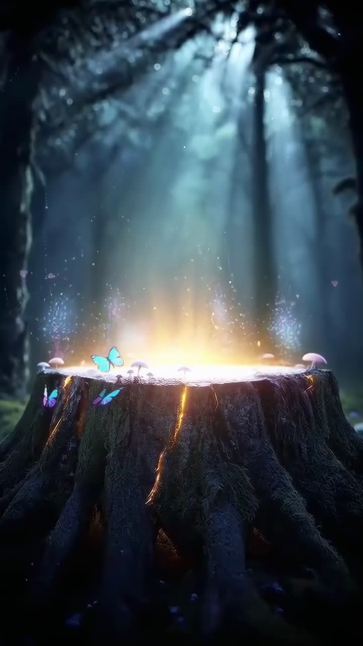 Scena di foresta magica con un ceppo d'albero luminoso e farfalle, ripresa da un'angolazione bassa