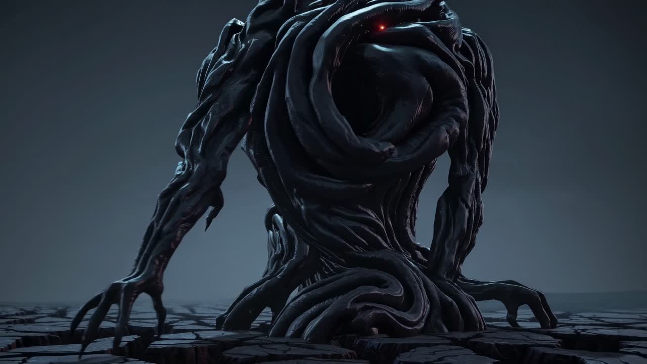 Menacing monster emerging from cracked earth, red eyes slowly opening to reveal razor sharp teeth, creating intensely dark and foreboding atmospheric scene suggesting supernatural horror