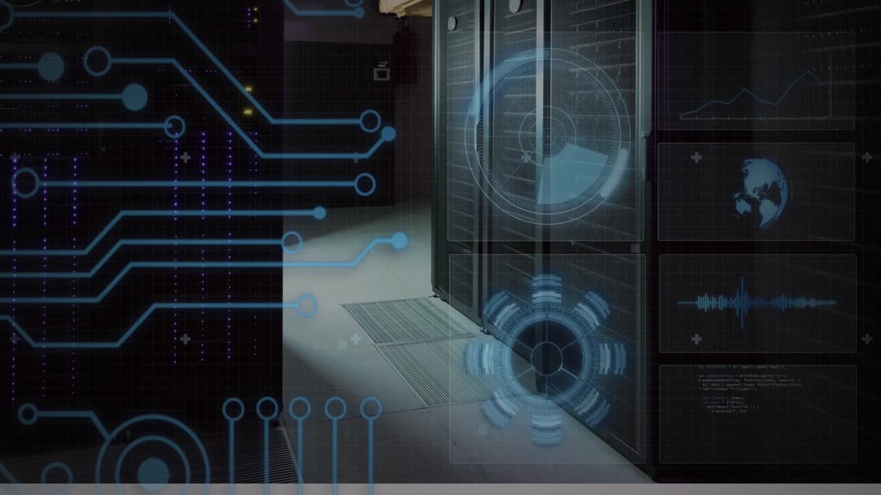 animación del radar, el reactor de arco, el globo y el patrón de la placa de circuitos sobre la sala del servidor.