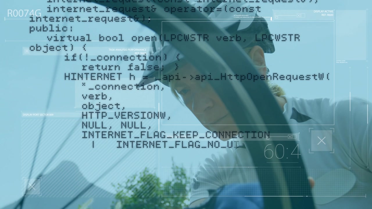 Animation of data processing over caucasian female biker with bike