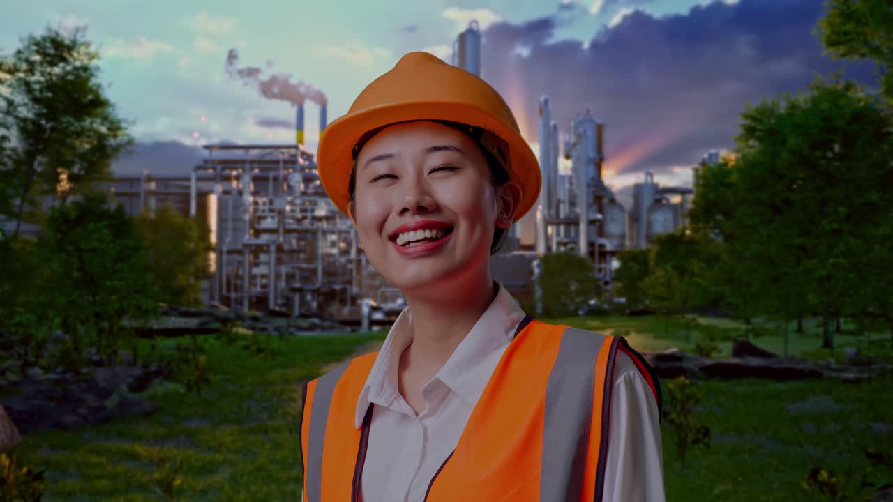 Close Up Side View Of Asian Female Engineer With Safety Helmet Looking Around While Standing In Front Of Oil Refinery
