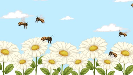 animated bees fly and land on daisies against a bright blue sky, capturing a lively and natural scene