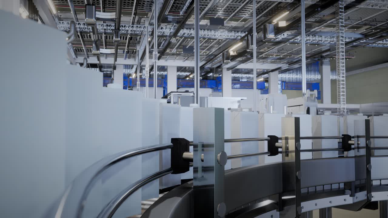 현대 공장에서 자동화 된 생산 컨베이어 라인: 생산 컨베어 라인에서 상자를 운반하는 것, 생산 컨베이어 라인에서 운반되는 상자 상자, 기계 메커니즘