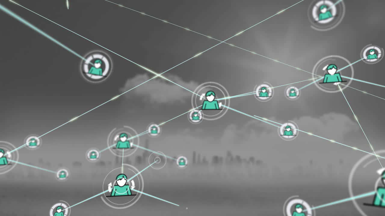 animación de la red de conexiones con iconos sobre fondo gris