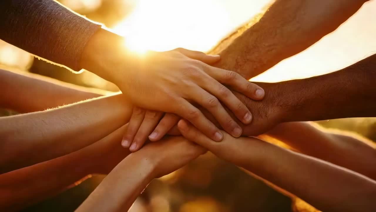 A video frame showing a close-up, low-angle shot of diverse hands stacked together